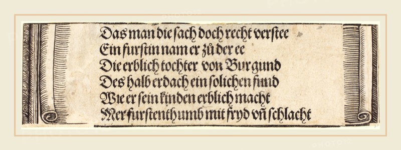 Albrecht DÃ¼rer (German, 1471-1528), Printed text for "The Betrothal of Maximilian with Mary of Burgundy", 1515, woodcut