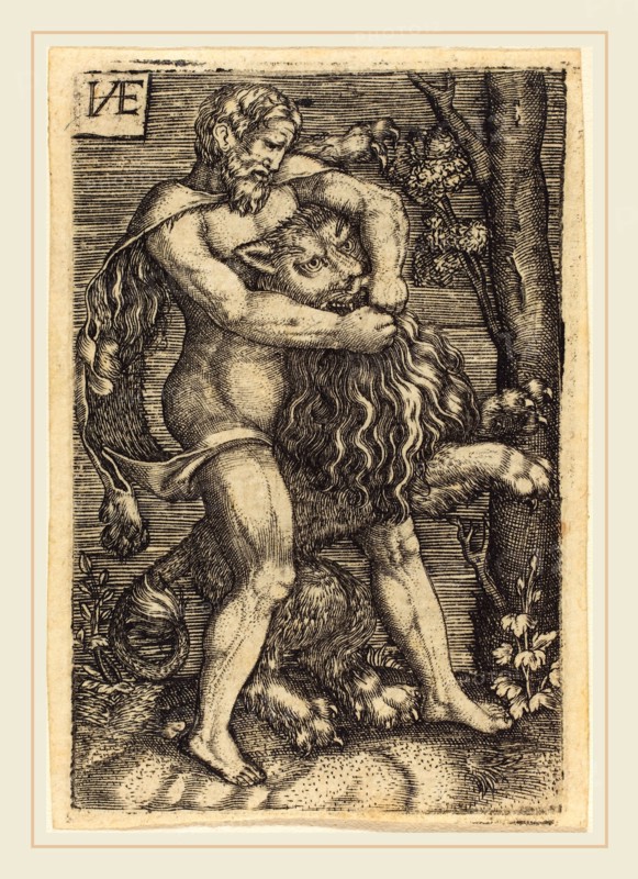 Master HVE (German, active 16th century), Hercules Killing the Lion, engraving