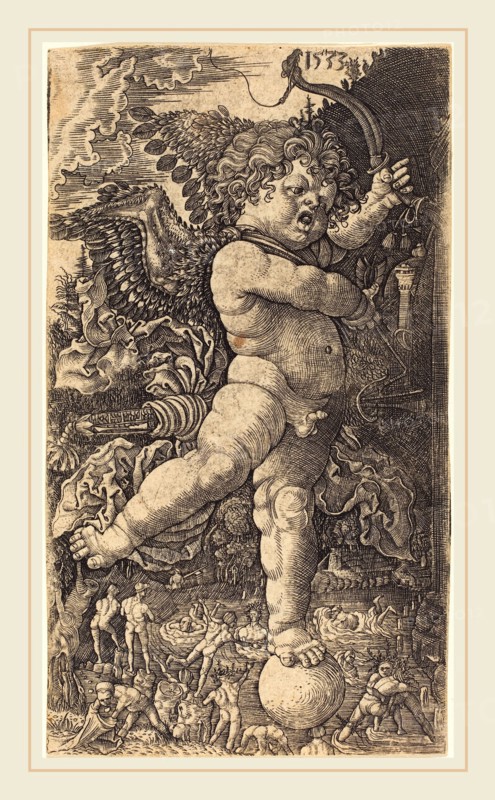 Master H.L. (German, active 1516-1530), Cupid Balancing on a Globe, 1533, engraving on laid paper