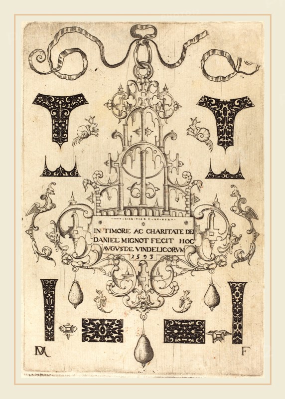 Daniel Mignot (German, active 1593-1596), Title Page: Pendant, Surrounded by Eight Small Studs, 1593, engraving