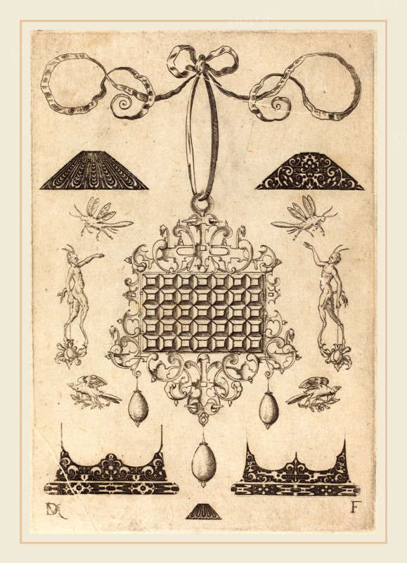 Daniel Mignot (German, active 1593-1596), Large Pendant with Square with 35 Flat Stones, 1593, engraving