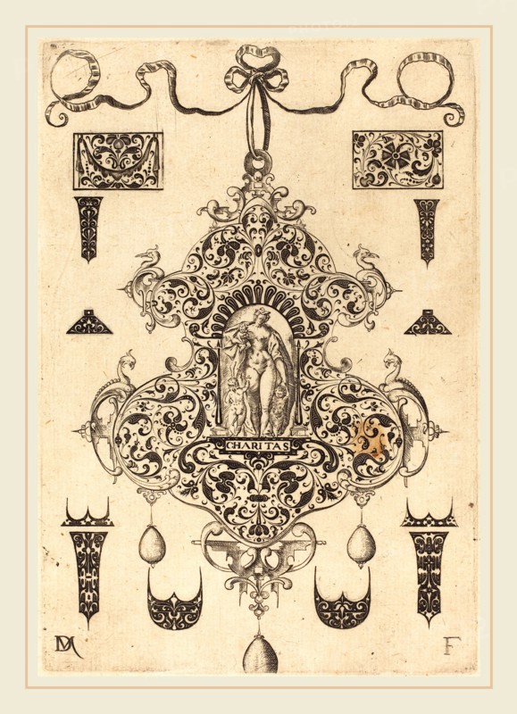 Daniel Mignot (German, active 1593-1596), Large Pendant, Charity Standing at Centre, 1593, engraving