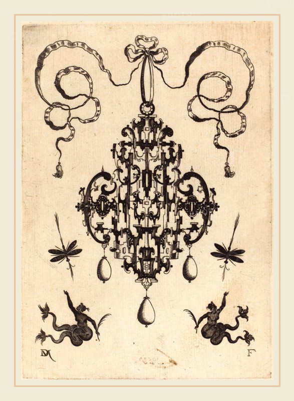 Daniel Mignot (German, active 1593-1596), Large Pendant, Lower Left and Right Two Creatures of the Sea, 1596, engraving