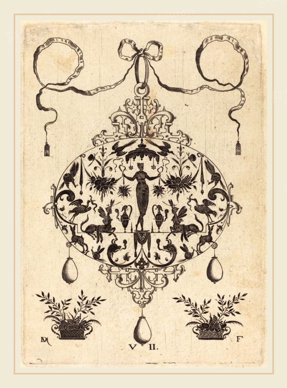 Daniel Mignot (German, active 1593-1596), Large Pendant, Flora Standing, Holding a Fruit Garland, 1596, engraving