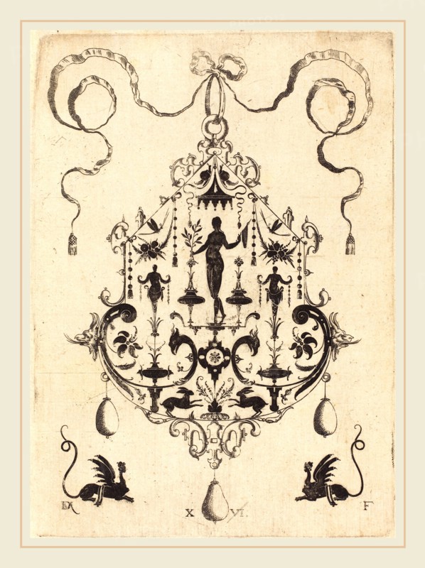 Daniel Mignot (German, active 1593-1596), Large Pendant, Victory Flanked by Two Herms at Centre, 1596, engraving