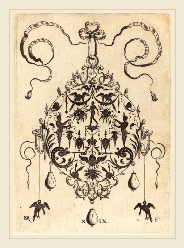 Daniel Mignot (German, active 1593-1596), Large Pendant, In Circular Form, Nude Man Flanked by Two Herms, 1596, engraving