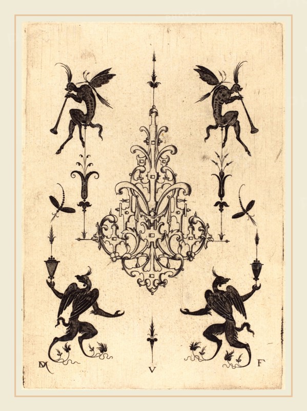 Daniel Mignot (German, active 1593-1596), Brooch with Fantasy Creatures Blowing Horns at Top and Winged Griffins at Bottom, 1596, engraving