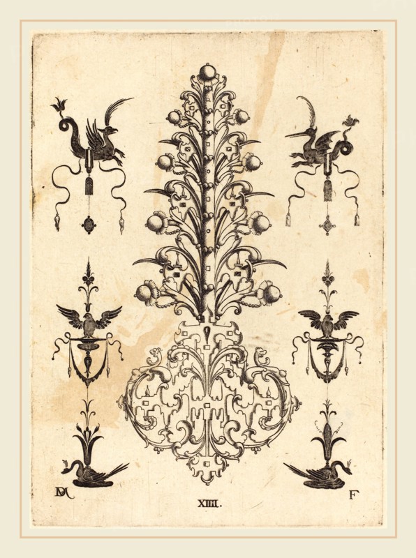 Daniel Mignot (German, active 1593-1596), Hyacinth-Shaped Brooch with Winged Animals  at Top and Crouching Swans at Bottom, 1596, engraving