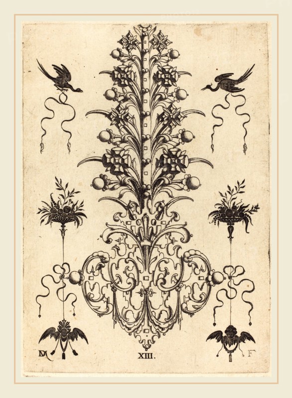 Daniel Mignot (German, active 1593-1596), Hyacinth-Shaped Brooch with Birds at Top and Devil's- and Angel's-Head at Bottom, 1596, engraving