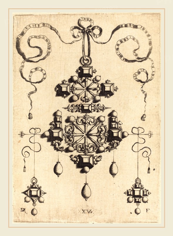 Daniel Mignot (German, active 1593-1596), Pendant with Two Double Crosses, Surrounded by Four Diamond-Shaped Stones, Five Table-Stones, and Thirteen Pearls, engraving