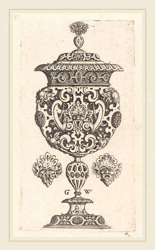 Georg Wechter I (German, c. 1526-1586), Goblet, rim decorated with masque with  gaping mouth, published 1579, engraving