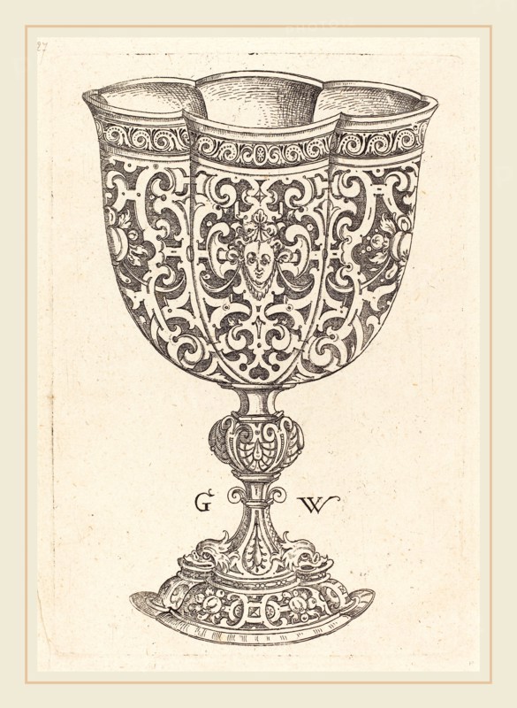 Georg Wechter I (German, c. 1526-1586), Chalice with six embossings, base decorated with two dolphins, published 1579, engraving