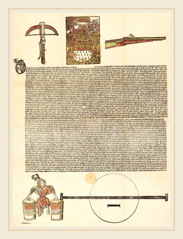 German 16th Century, Broadside: An Invitation to an Arms Competition, in or after 1501, woodcut, hand-colored, with movable type on two joined sheets of paper