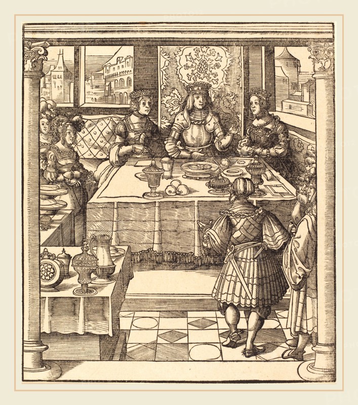Leonhard Beck (German, c. 1480-1542), The Young White King between the Queen and Princess of the Feuereisen, 1514-1516, woodcut