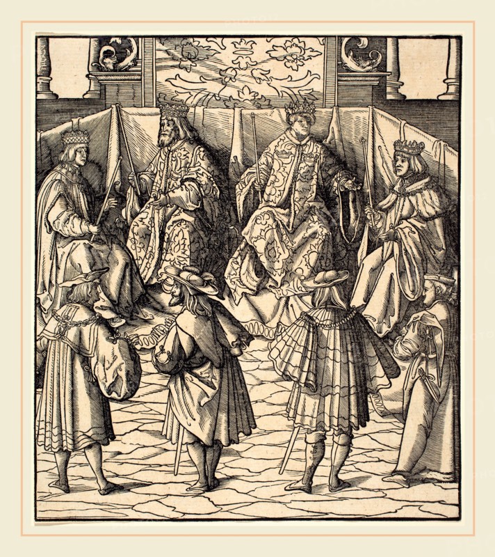 Leonhard Beck (German, c. 1480-1542), Assembly of Four Kings, in the foreground Four Men, 1514-1516, woodcut