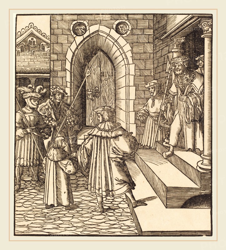 Leonhard Beck (German, c. 1480-1542), Three Men and a Boy in the Court of a Castle, to the Right Three Men on a Staircase, 1514-1516, woodcut