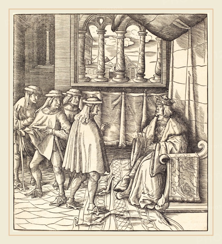 Leonhard Beck (German, c. 1480-1542), A King on a Throne, before him Four Men, 1514-1516, woodcut