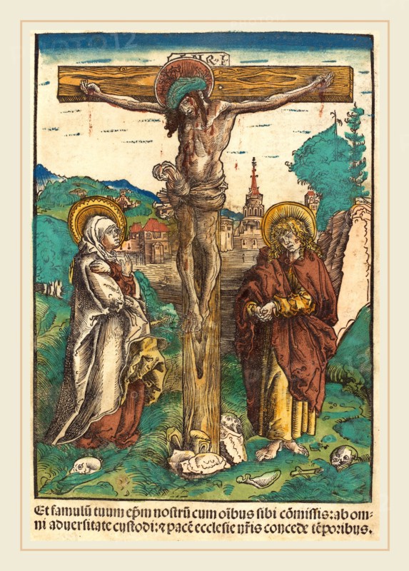 Lucas Cranach the Elder (German, 1472-1553), Christ on the Cross Between the Virgin and Saint John, c. 1502, hand-colored woodcut on vellum
