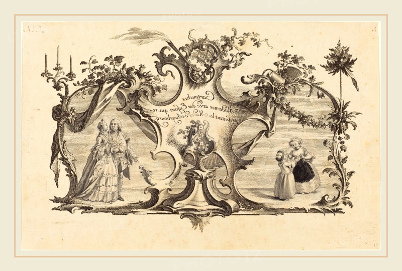 Johann Esaias Nilson (German, 1721-1788), Cartouches Modernes avec des Enfans qui representant les Modes d'Augsbourg, counterproof of an etching with drawing in pen and black ink and gray wash, on laid paper incised with grounding in red chalk for transfer on verso