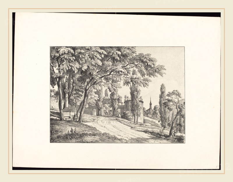 Ernst Fries (German, 1801-1833), Entrance to the Convent Courtyard, 1829, lithograph on chine collé