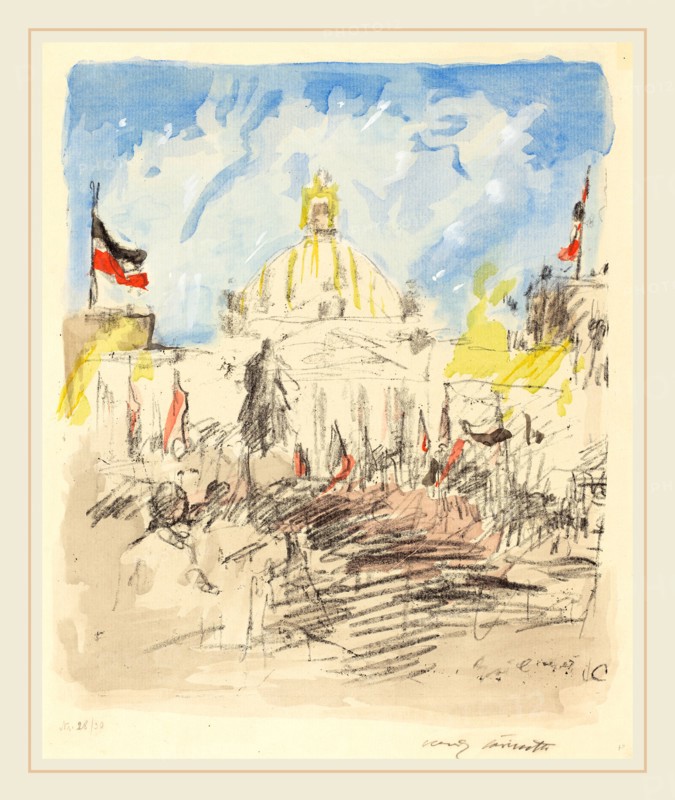 Lovis Corinth, Bismarckfeier, German, 1858-1925, 1915, transfer lithograph in black hand-colored with watercolor on laid paper