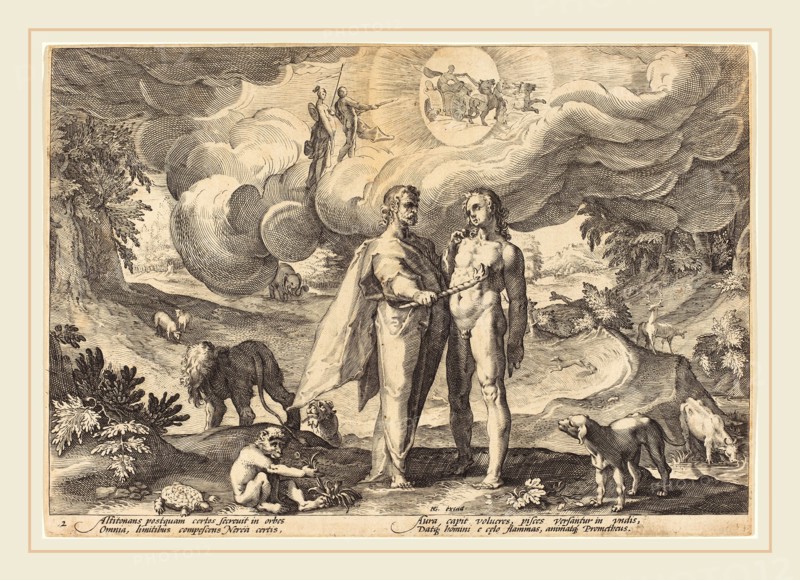 Workshop of Hendrik Goltzius after Hendrik Goltzius (Flemish, 1574-1575-after 1655), Prometheus Creating Man, engraving on laid paper