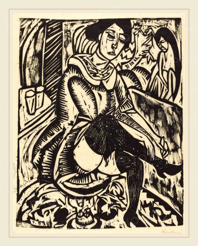 Ernst Ludwig Kirchner, Woman Tying Her Shoe (Frau, Schuh Zuknopfend), German, 1880-1938, 1912, woodcut