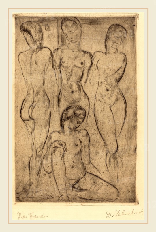 Wilhelm Lehmbruck, Four Women; Three Standing, One Sitting (VierFrauen; drei stehend, eine sitzend), German, 1881-1919, 1913, drypoint