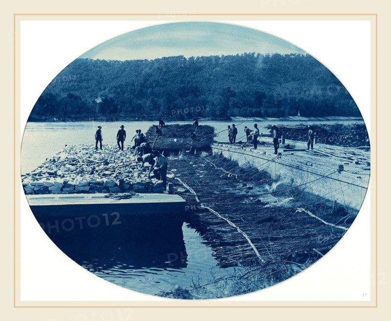 Henry Peter Bosse (American, 1844-1903), Construction of Rock and Brush Dam, L.W. 1891, 1891, cyanotype