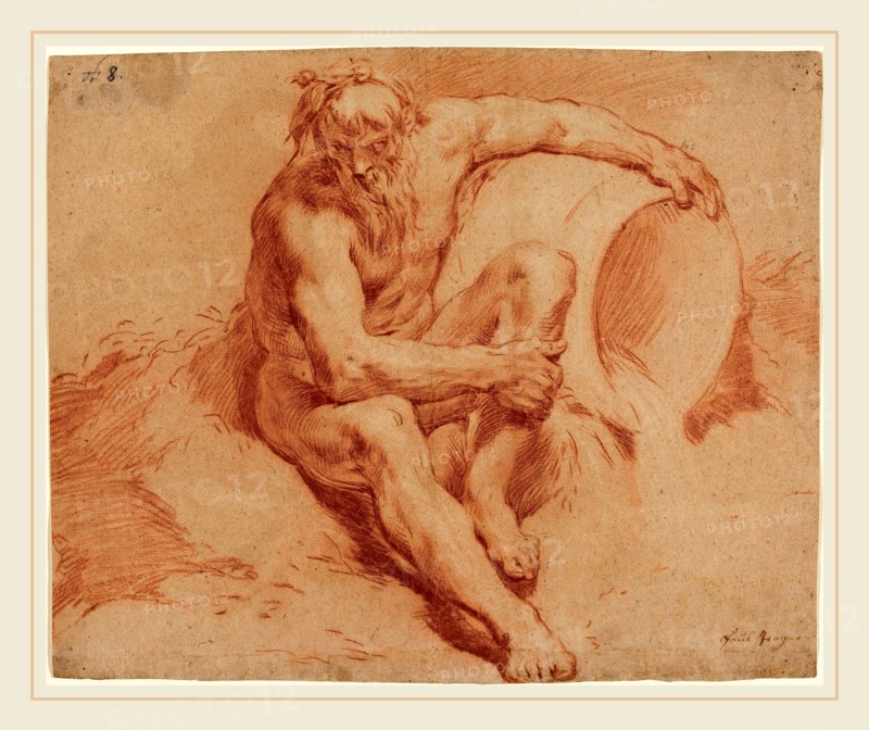 Paul Troger (Austrian, 1698-1762), River God, c. 1720, red chalk heightened with white on oatmeal paper