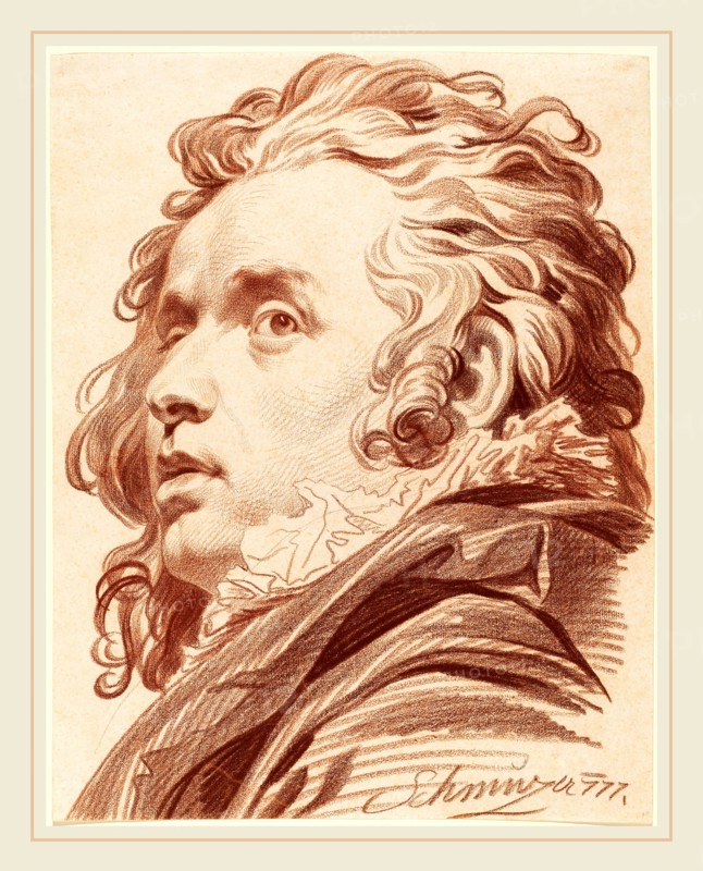 Jacob Matthias Schmutzer (Austrian, 1733-1811), A Young Man with Flowing Hair, 1777, red and brown chalk on laid paper