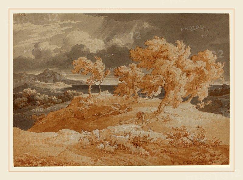 Friedrich Preller the Elder (German, 1804-1878), Italian Coastal Landscape with a Thunderstorm, 1828-1831, pen and red-brown ink with red-brown and gray washes, heightened with white,  over graphite on paper; mounted on board