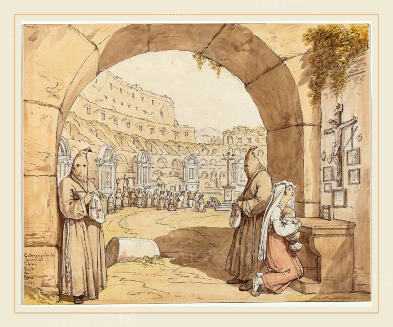 Bartolomeo Pinelli (Italian, 1781-1835), La Compagnia dei sacconi al Colosseo (Penitents Praying at Altars in the Colosseum), 1829, watercolor over black chalk and graphite on wove paper