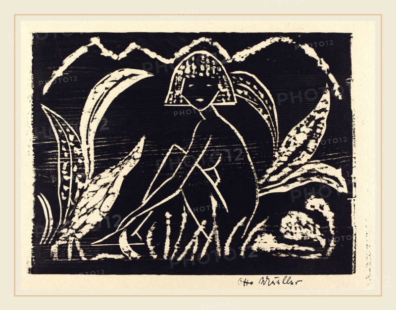 Otto MÃ¼ller, Nude Figure of a Girl in a Landscape (Madchenzwischen Blattpflanzen), German, 1874-1930, 1912, woodcut