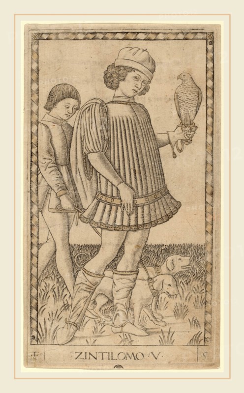 Master of the E-Series Tarocchi (Italian, active c. 1465), Zintilomo (Gentleman), c. 1465, engraving with traces of gilding