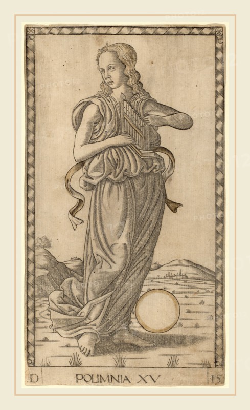 Master of the E-Series Tarocchi (Italian, active c. 1465), Polimnia (Polyhymnia), c. 1465, engraving with gilding