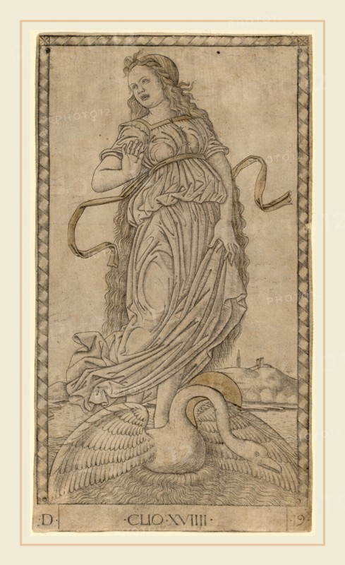 Master of the E-Series Tarocchi (Italian, active c. 1465), Clio, c. 1465, engraving with traces of gilding