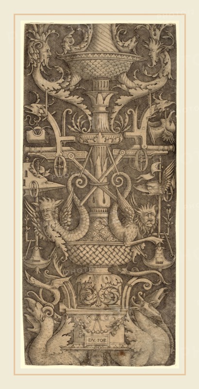 Zoan Andrea (Italian, active c. 1475-1519), Ornament Panel with Dragons, Masks, and Instruments of War, c. 1505, engraving