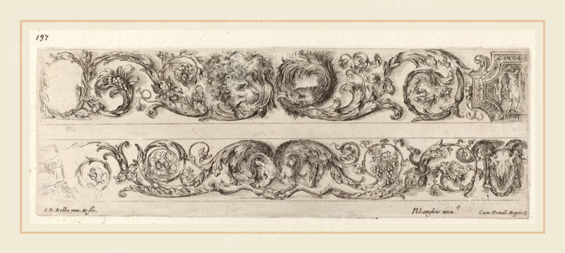 Stefano Della Bella (Italian, 1610-1664), Two Ornamental Bands with Facing Heads of Lion and Eagle, and Two Rams, probably 1648, etching