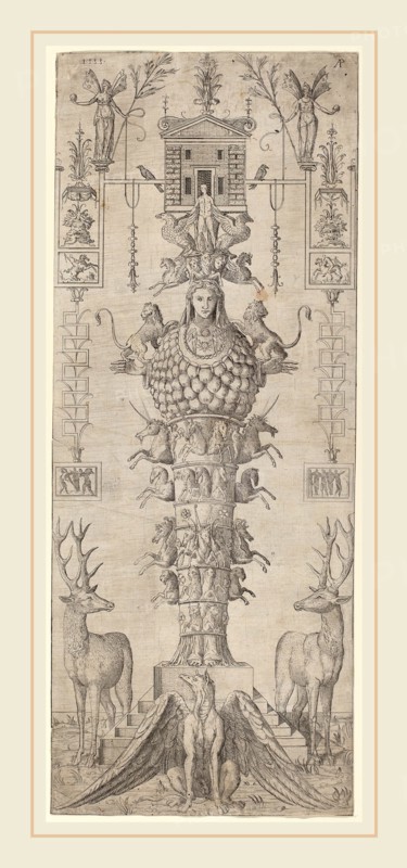 Master AP (Italian, active mid 16th century), A Grotesque with Diana of Ephesus and Diverse Animals, 1555, etching on laid paper