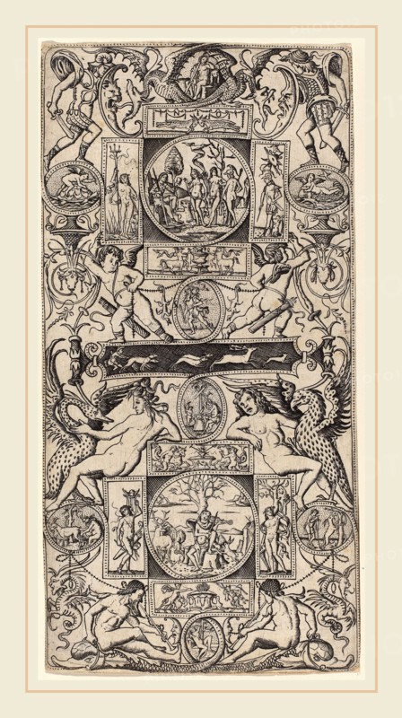 Nicoletto da Modena (Italian, active 1500-1512), Ornament Panel with Orpheus and the Judgment of Paris, c. 1507, engraving