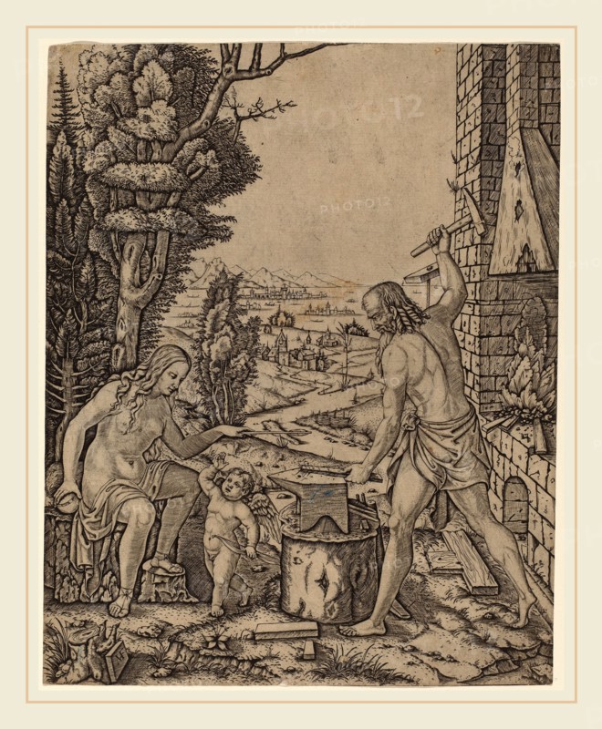 Marcantonio Raimondi (Italian, c. 1480-c. 1534), Vulcan, Venus, and Eros, 1508, engraving
