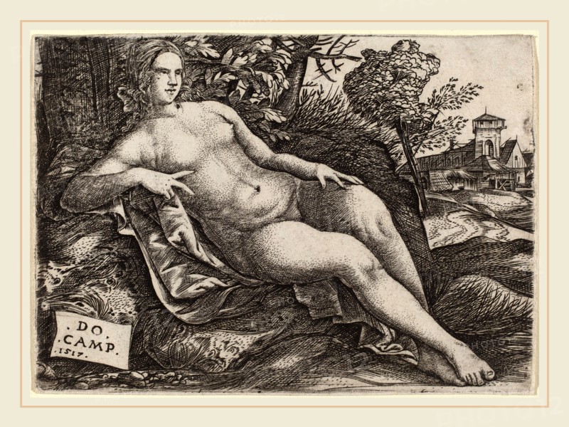 Domenico Campagnola (Italian, before 1500-1564), Venus Reclining in a Landscape, 1517, engraving