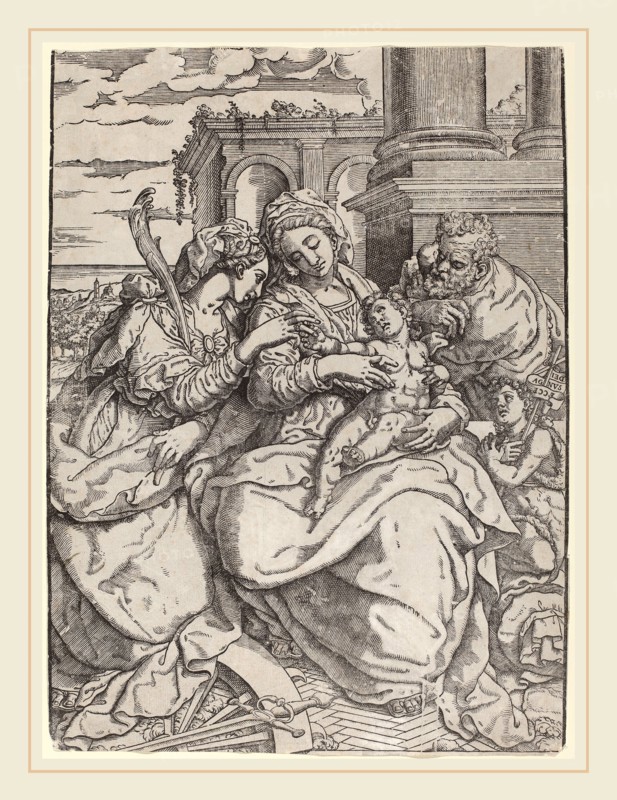 Giovanni Gallo after Marco Pino (Italian, active 16th century), Madonna and Child with Saint Catherine, woodcut on laid paper