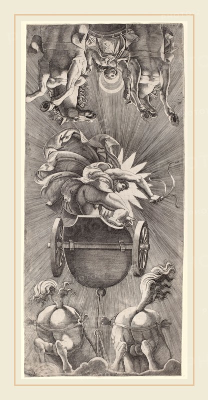 Adamo Scultori after Giulio Romano (Italian, c. 1530-1585), The Setting of the Sun with Chariots of Apollo and Diana, engraving on laid paper
