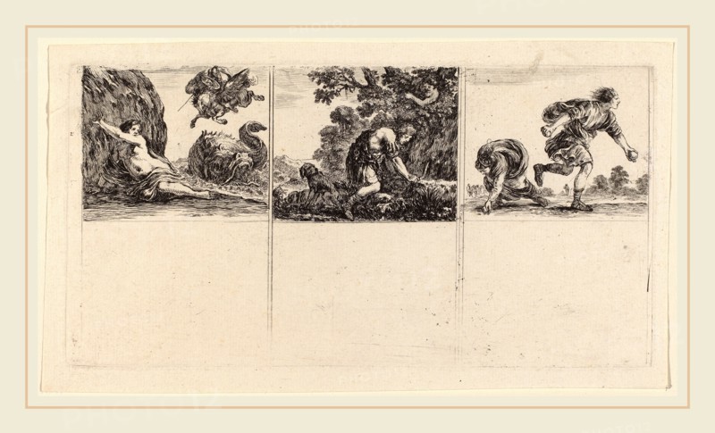 Stefano Della Bella (Italian, 1610-1664), Perseus and Andromeda; Cephalus and Procris; Hippomene and Atalantus, 1644, three etchings on one sheet