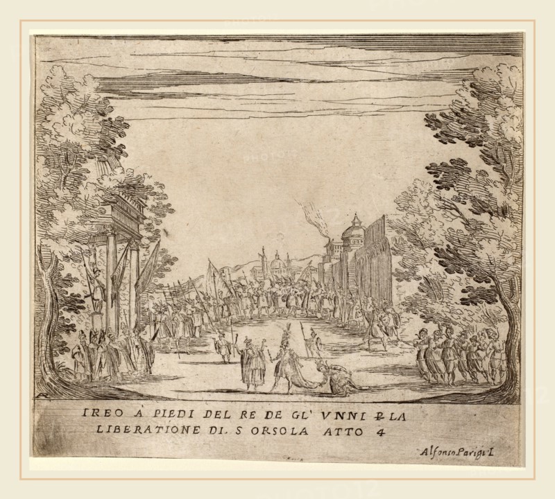 Alfonso Parigi II (Italian, 1606-1656), Jereo Before the King of the Huns for the Liberation of Saint Ursula, etching