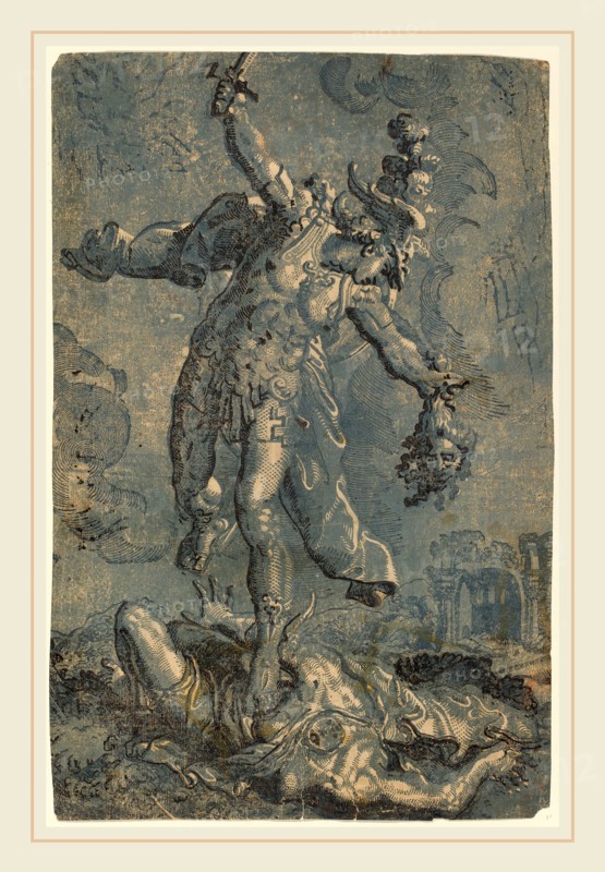 Italian 16th-17th Century after Marco Pino, Perseus, chiaroscuro woodcut printed in black and blue on laid paper