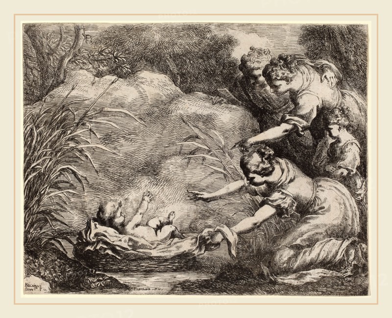Bartolomeo Biscaino (Italian, 1632-1657), The Finding of Moses, etching