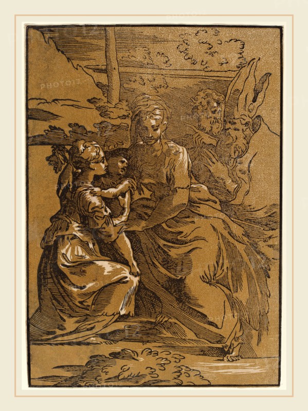 Antonio da Trento after Parmigianino (Italian, c. 1508-1550 or after), The Holy Family with Two Saints, chiaroscuro woodcut printed from two blocks: black line block and yellow-brown tone block